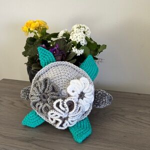 Crocheted Gray Turtle Plush with Teal Accents